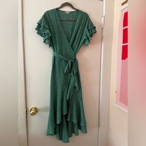 Max Studio green polka dot ruffle wrap dress - S